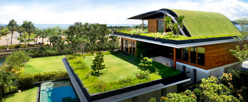 Materiais sustentáveis: casa com gramínea nos tetos