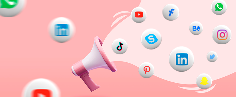 ilustração de megafone com ícones de redes sociais 