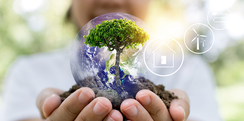 práticas sustentáveis: close em mãos segurando uma árvore em miniatura, envolta por uma imagem do planeta terra