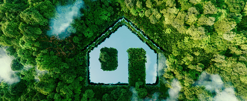 práticas sustentáveis: imagem de um aglomerado de árvores visto de cima, com aberturas que formam uma casa.