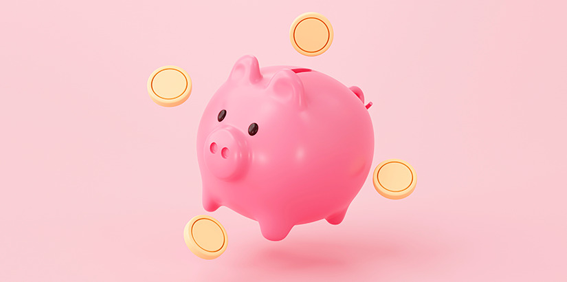 ilustração de um cofre de porquinho cor de rosa e algumas moedas ao redor