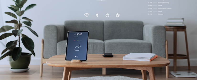 era digital: imagem de uma sala de estar e, em destaque em primeiro plano, um tablet ligado com ênfase num ícone de casa inteligente.