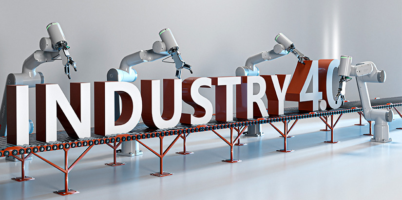 indústria 4.0: termo em 3D "industry 4.0" numa esteira de produção.
