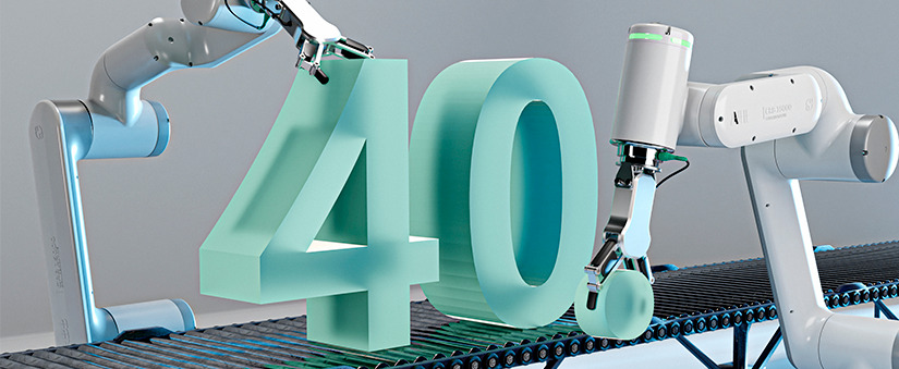 indústria 4.0: ilustração dos números 4 e 0 em 3D numa esteira de produção.