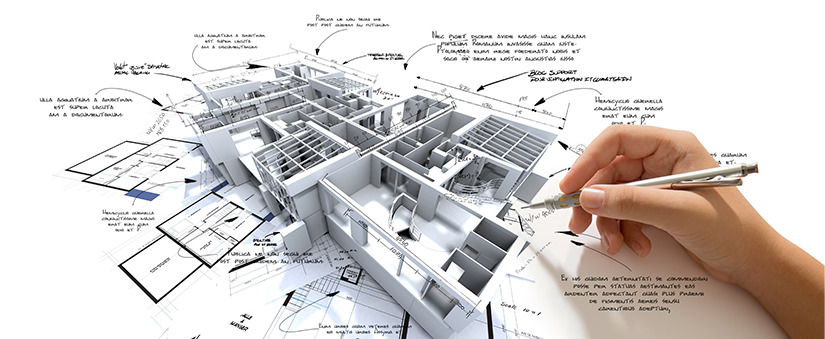 BIM: imagem de uma planta de casa em 3D num papel e uma mão com um lápis  em cima.
