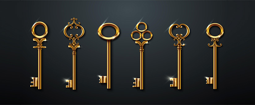 técnicas de gestão: imagem de 6 chaves douradas com formatos diferentes, num fundo preto.