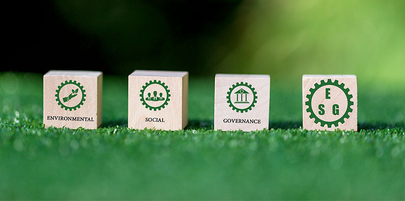 Empresa ESG: imagem de quatro blocos de madeira com ilustrações que representam cada um cos conceitos da sigla ESG.