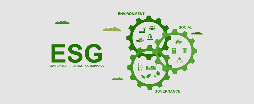  Empresa ESG: sigla ESG em destaque e, ao lado, a ilustração de três engrenagens  sinalizando cada uma da letras da sigla.