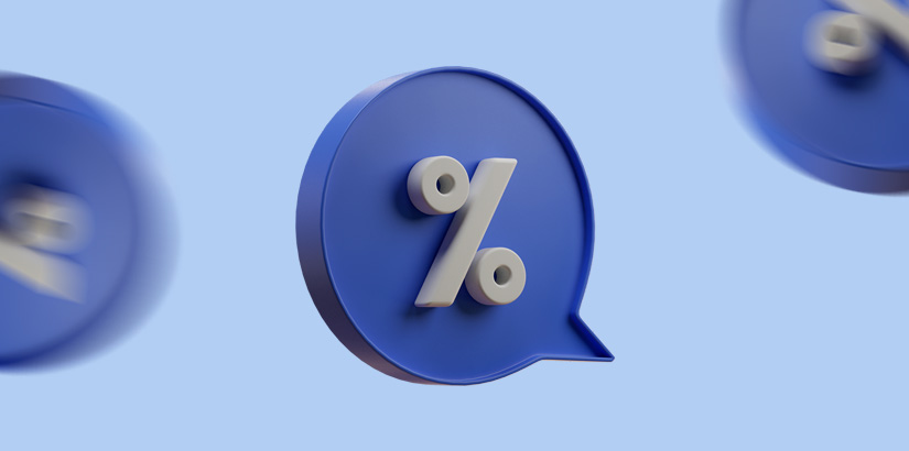Taxas e impostos: imagem com fundo azul e ilustração de um balão de fala com o símbolo %