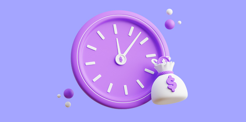 gestão de tempo e produtividade: ilustração de um relógio e um saco ao lado com o símbolo $ em destaque