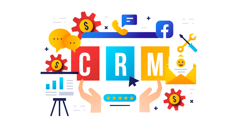 sistema CRM: ilustração da sigla CRM em três blocos coloridos.