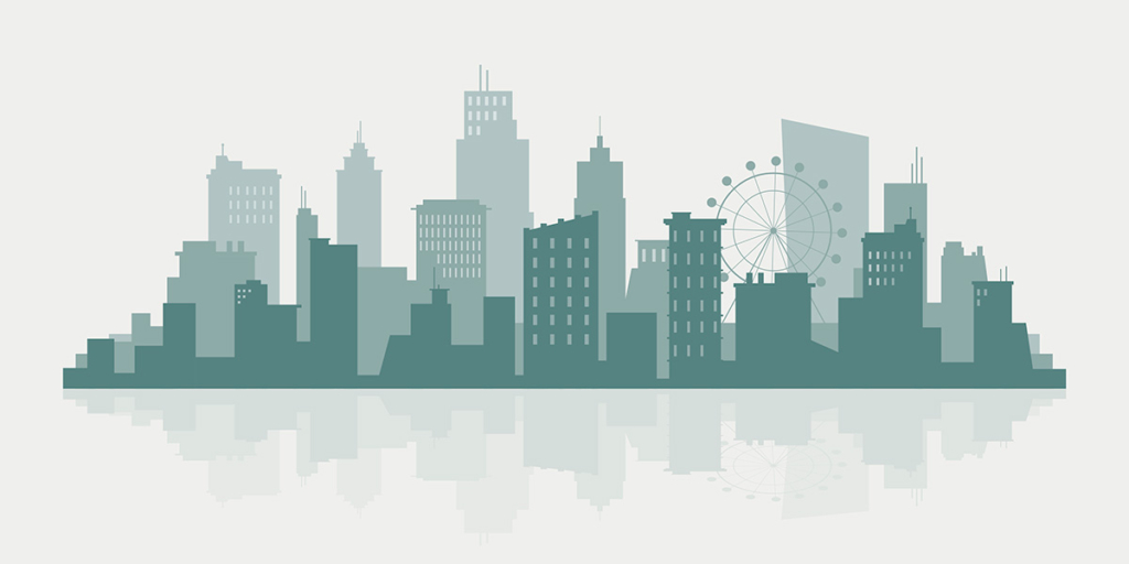 Gráfico Empreendimentos: ilustração da silhueta de vários edifícios representando uma cidade.