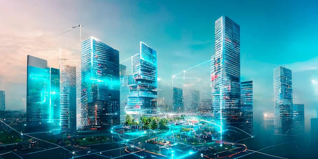 tecnologia persuasiva: imagem de edifícios e muitas luzes azuis de destaque.