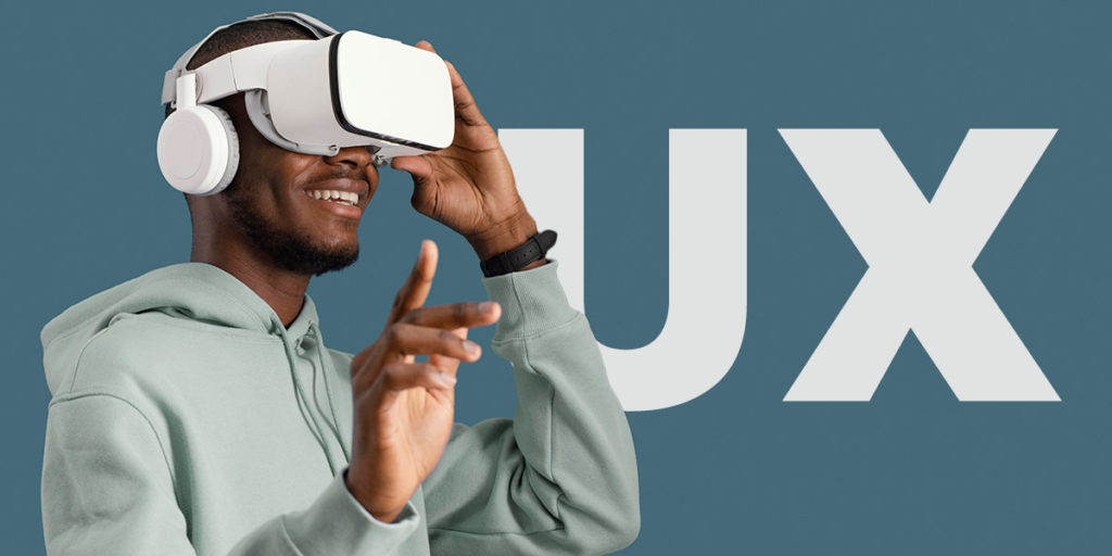 user experience: do lado esquerdo um homem usa um óculos de realidade virtual. Do lado direito o título "ux"