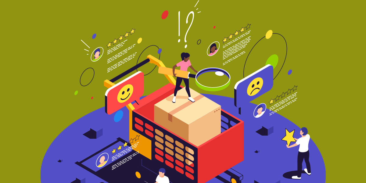Captar novos clientes: ilustração de uma pessoa em tamanho reduzindo em cima de uma caixa dentro de um carrinho de compras