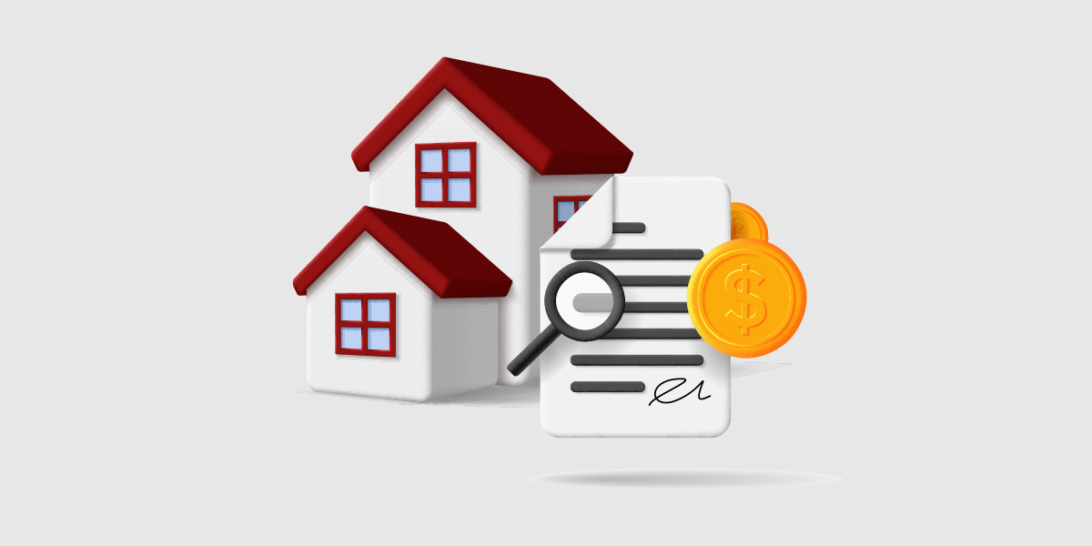 FGTS para compra de imóvel: ilustração de miniatura de duas casas e um papel com uma lupa ao lado