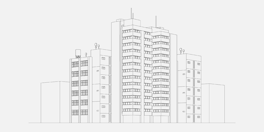 Norma abnt para avaliação de imóveis: ilustração de vários prédios juntos.
