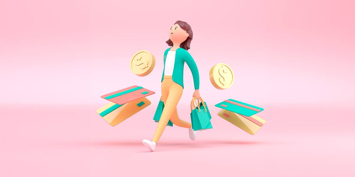 jornada-de-compra: ilustração de uma mulher andando, segurando algumas sacolas. Ao redor alguns cartões e moedas.
