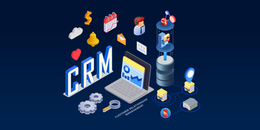 Experiência com CRM: ilustração de vários ícones de gráficos, nuvem, coração, atendente, etc, em volta de um notebook. Sigla CRM em destaque.