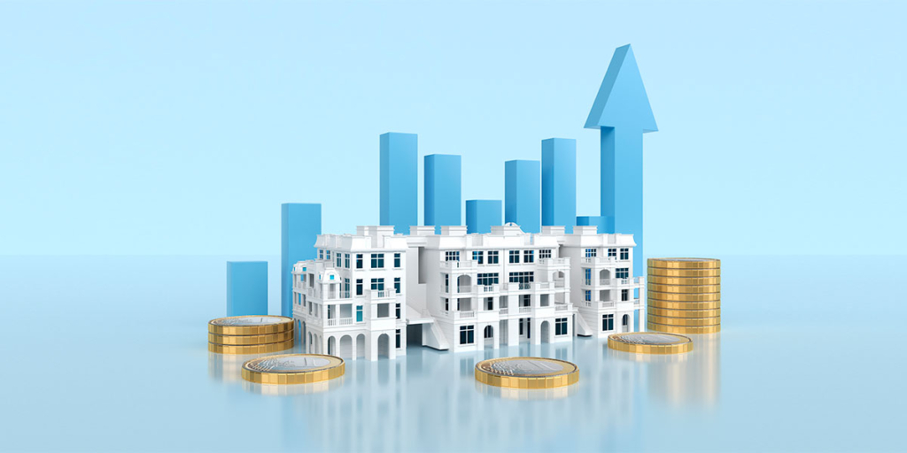 Mercado imobiliário de alto padrão: ilustração de um empreendimento, em volta algumas setas apontando para cima e moedas empilhadas.