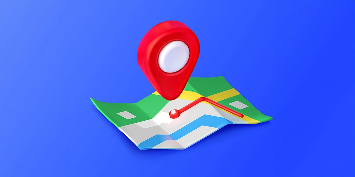 Google localização: ilustração de um mapa e um ícone de localização em destaque