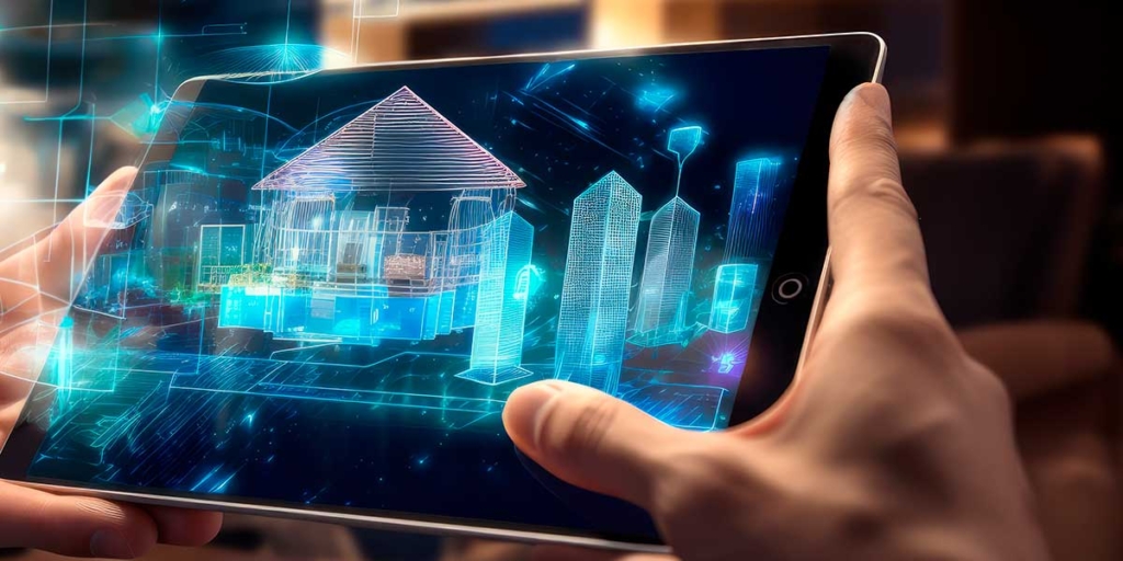 Inteligência de mercado imobiliário: close nas mãos de uma pessoa segurando um tablet. Na tela alguns edifícios e estrutura de casa ilustrados.