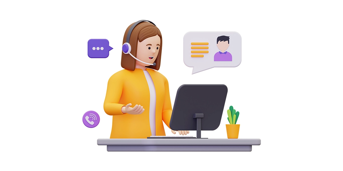 O que é um assistente virtual: ilustração de uma mulher em frente a um computador usando um headphone e falando no microfone.
