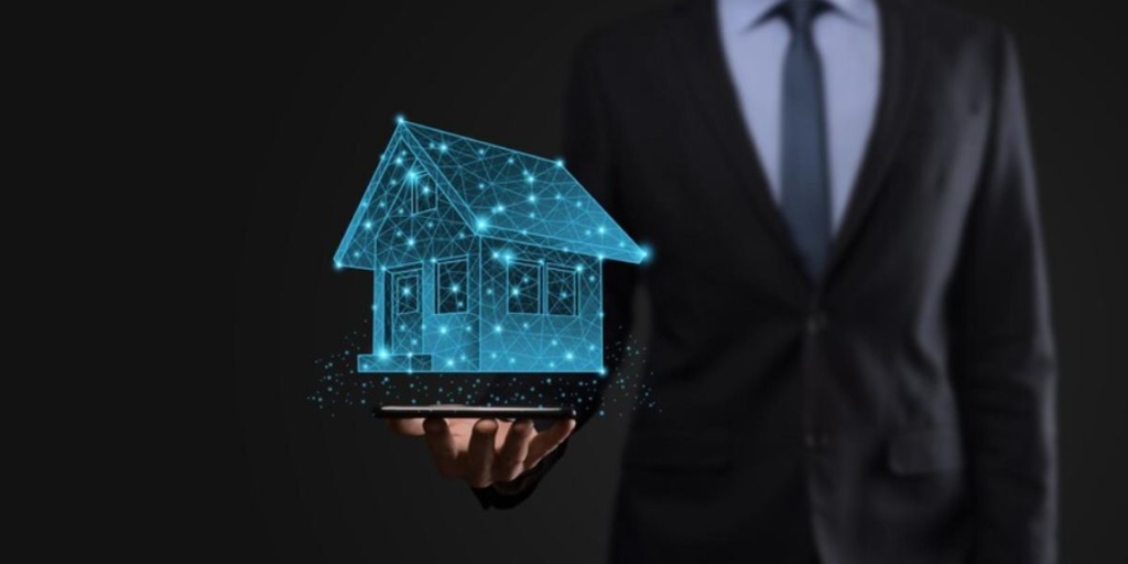 Sistema Imobiliário: imagem de um homem de terno segurando uma miniatura de casa com luzes azuis.
