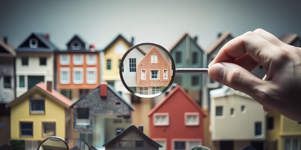 Pesquisa de Mercado Imobiliário: imagem de várias casas em miniatura. Em destaque, uma lupa focando uma das casas.