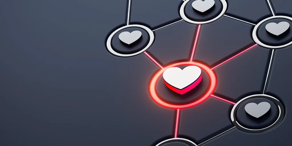 conexão com o cliente: ilustração de linhas conectando círculos com corações dentro.