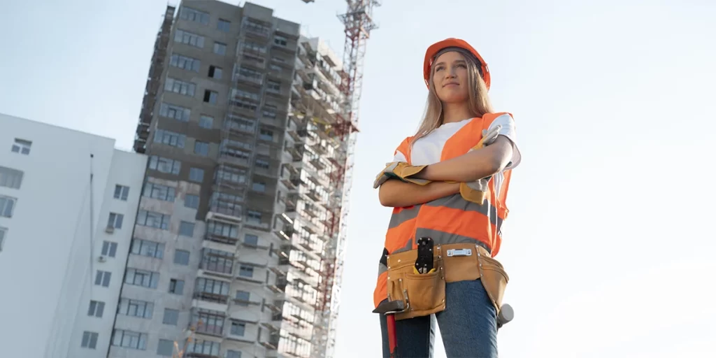 grandes construtoras: imagem de uma mulher num canteiro de obras usando EPIs.