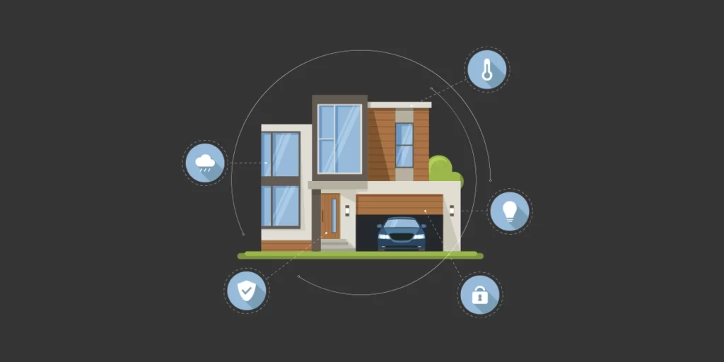 moradia inteligente: ilustração de uma casa grande, moderna, com um carro na garagem. Em volta da casa alguns ícones que representam conexão.