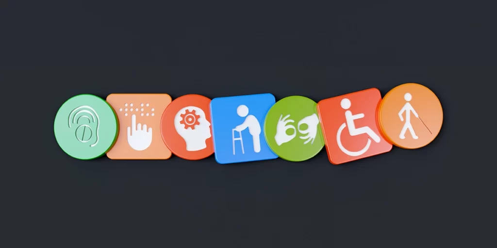 Norma de Acessibilidade: imagem de 7 ícones de acessibilidade com fundos coloridos em formatos de círculos e quadrados. 