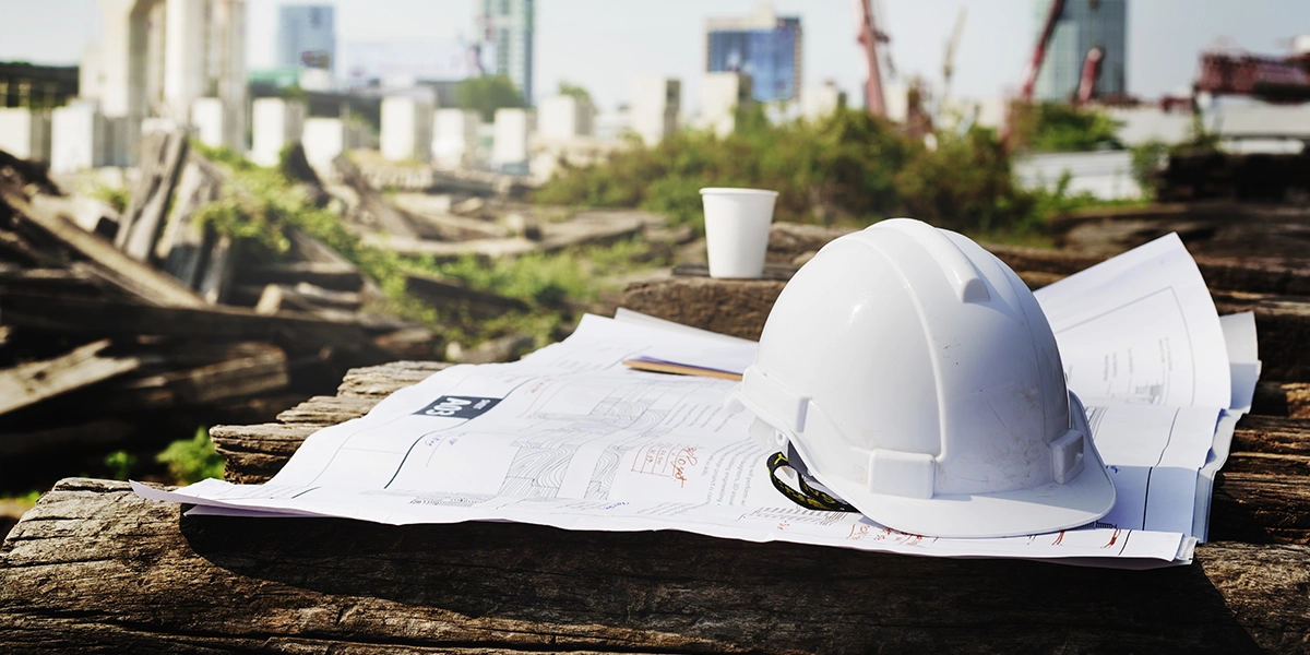 Gestão de Resíduos na Construção Civil: imagem de um canteiro de obras. Em primeiro plano uma planta de imóvel e um capacete.