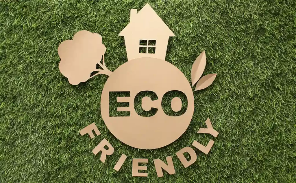 Selos de sustentabilidade na construção civil mundial: ilustrações de árvore e uma casa. Ao centro o termo "eco friendly"