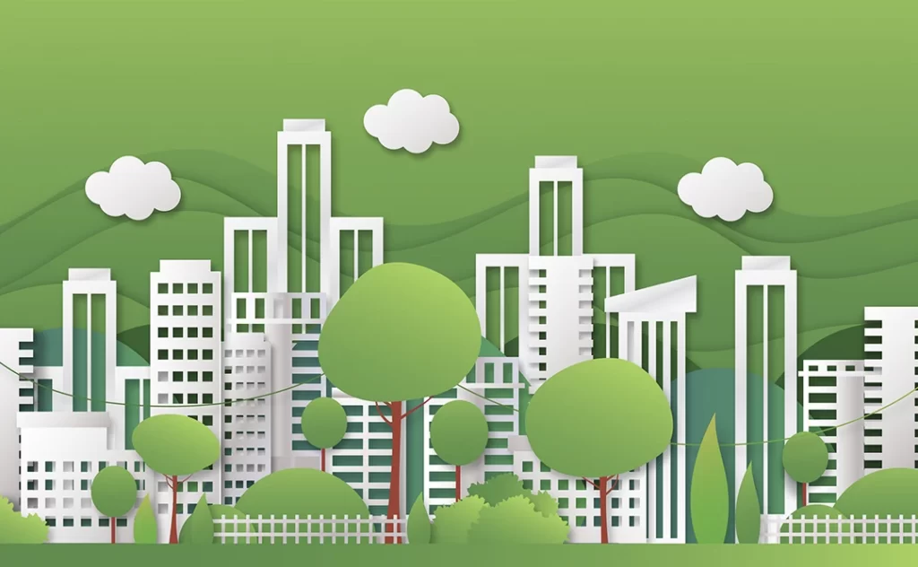Selos de sustentabilidade na construção civil mundial: ilustração de edifícios e áreas verde com árvores e arbustos.