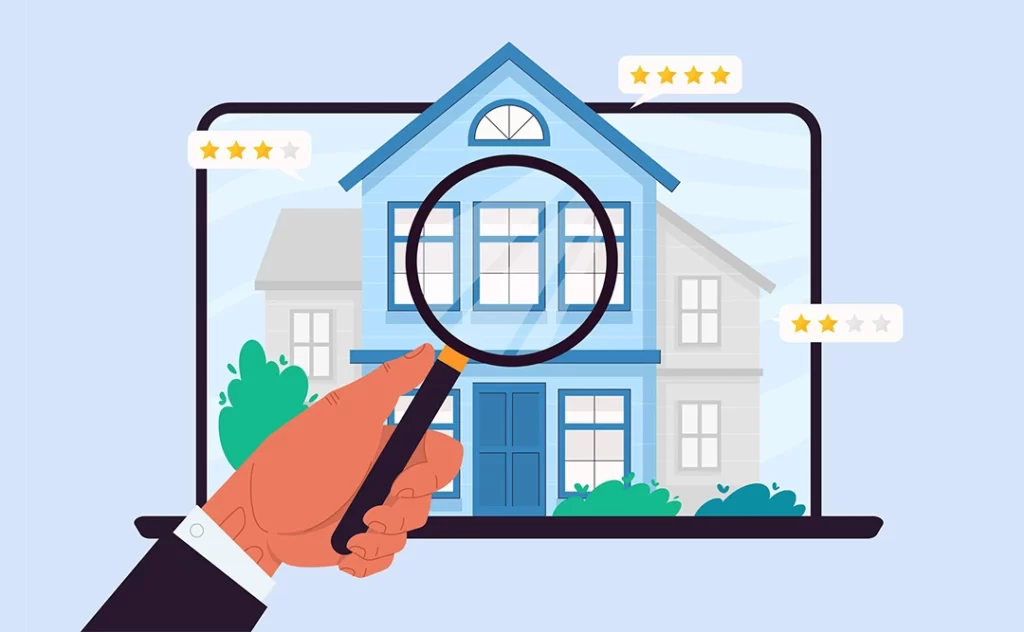 CRM imobiliario gratuito: ilustração de um notebook aberto com a imagem de uma casa na tela. Na frente da imagem uma mão segura uma lupa dando ênfase à casa.