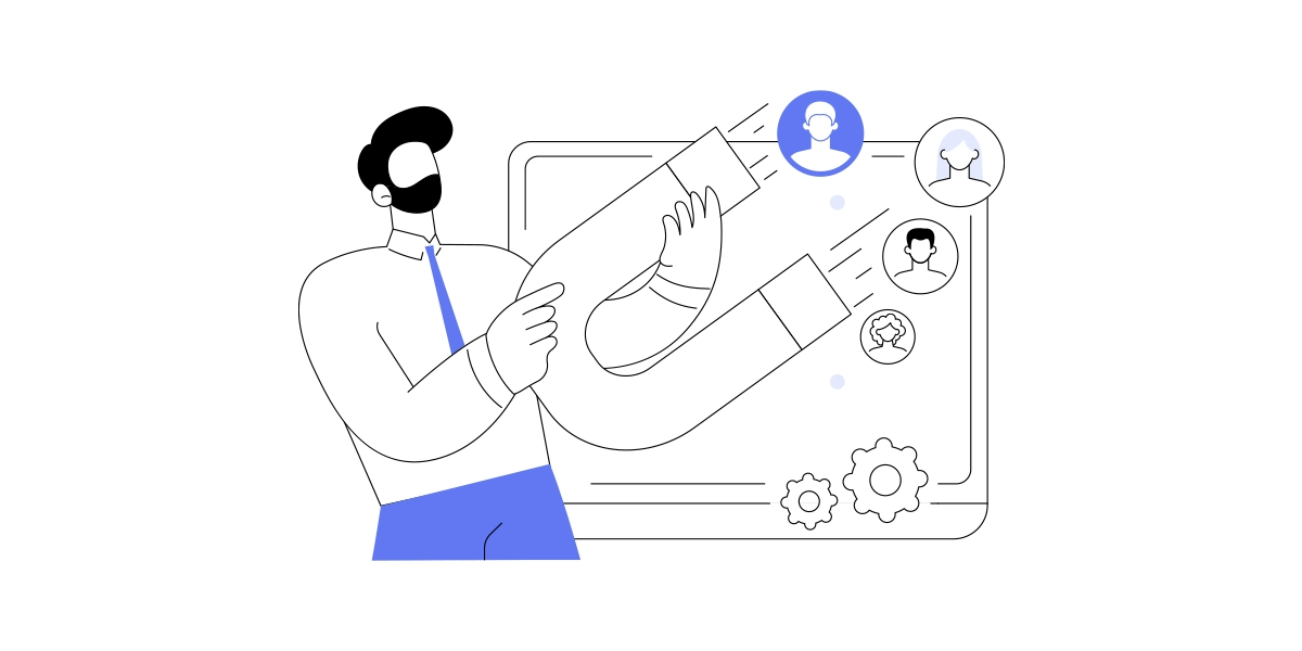conversão de leads: ilustração de um homem segurando um grande ímã. Alguns ícones com pessoas estão sendo atraídos pelo ímã.como
