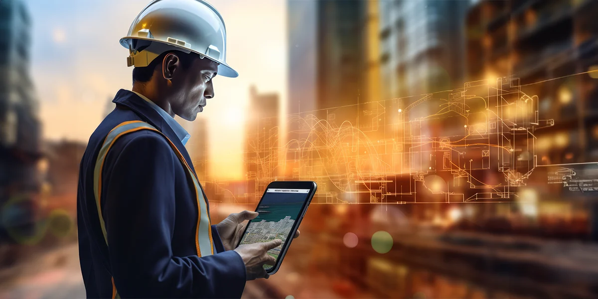 Novas técnicas na construção civil: imagem de um homem usando capacete, olhando para um tablet em frente a um cenário de cidade grande.