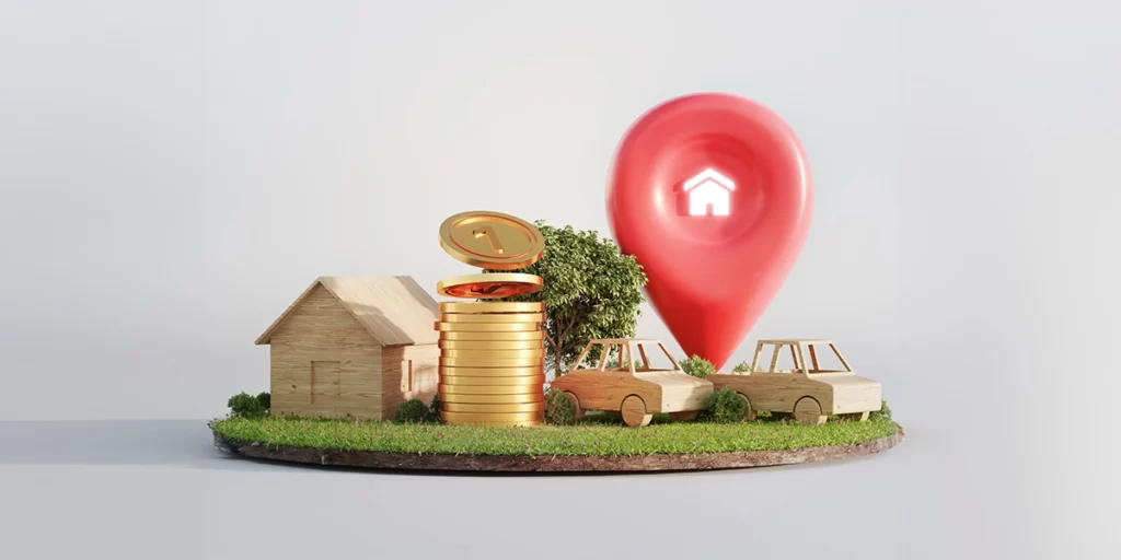 Tipos de Lote: ilustração de uma miniatura de uma casa de madeira, uma pilha de moedas douradas, dois carros de brinquedo de madeira e um ícone de localização conectando todos os elementos,