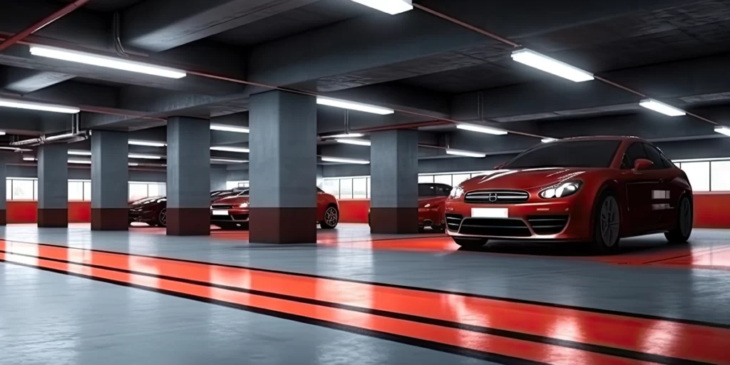 imagem de uma garagem subterrânea com alguns carros estacionados. Todos os carros são vermelhos.