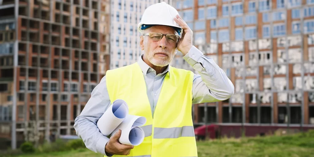 patologias na construção civil:  imagem de um homem usando EPI. Ele está num canteiro de obras, segurando grandes papeis enrolados. Ele coloca a mão na cabeça e tem a expressão preocupada.