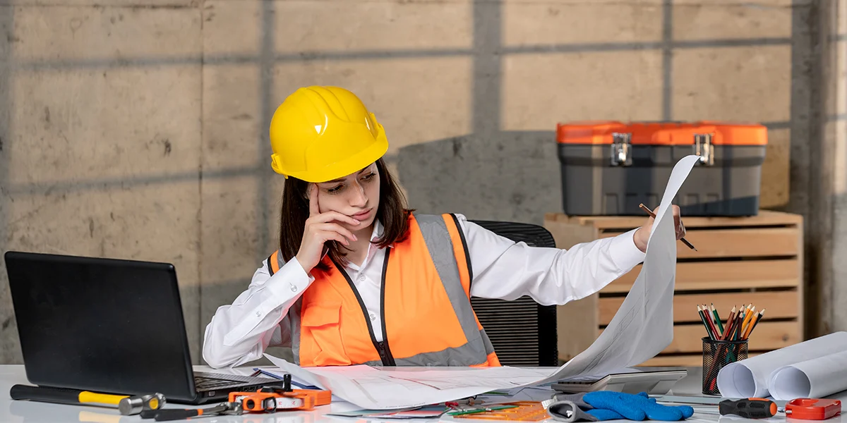 patologias na construção civil: imagem de uma mulher usando EPI's, sentada diante de uma mesa de escritório, olhando para um papel grande. A mulher tem expressão preocupada.