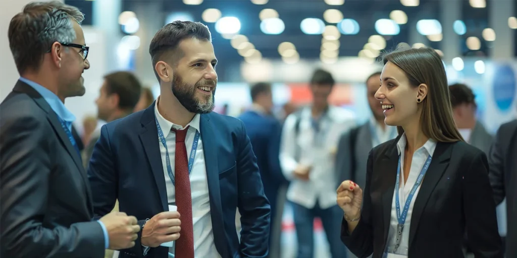 Convenção de vendas: imagem de uma mulher e dois homens, todos usando roupas formais, conversam e sorriem num ambiente que parece ser coorporativo.