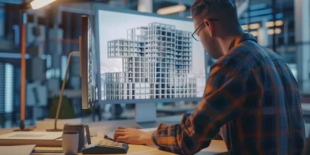 3D na Construção: imagem de uma pessoa num escritório, sentada à frente de uma mesa com uma grande tela de computador. Na tela vemos a estrutura de um grande edifício