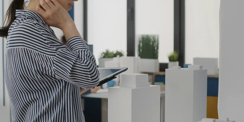 Otimização de Processos: mulher num escritório amplo usando uma camisa listrada. Ela está olhando um tablet.