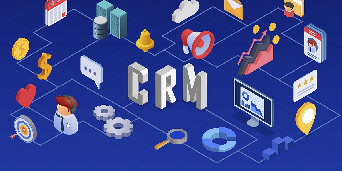 crm para gestão de incorporadora: ilustração da sigla CRM e, em volta, vários ícones que representam conectividade e relacionamento.