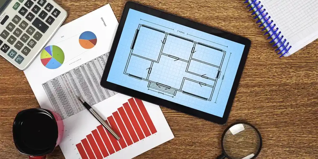 reajuste incc: imagem vista de cima de uma mesa de madeira com um papel contendo gráficos coloridos, um tablet com uma planta de imóvel, um caderno, uma xícara e uma calculadora.