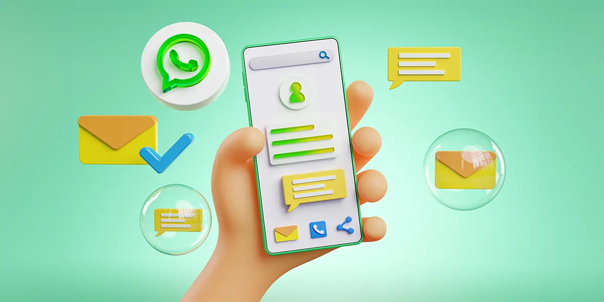 A imagem apresenta a figura de um celular e ícones diferentes relacionados a mensagens, como o ícone do WhatsApp, envelopes e caixas de textos.