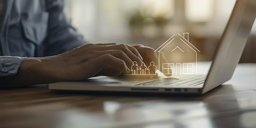 CRM para o mercado imobiliário: a imagem foca nas mãos de uma pessoa digitando em um notebook. Simulando uma luz em Led, é apresentada a imagem de três pessoas e uma casa.